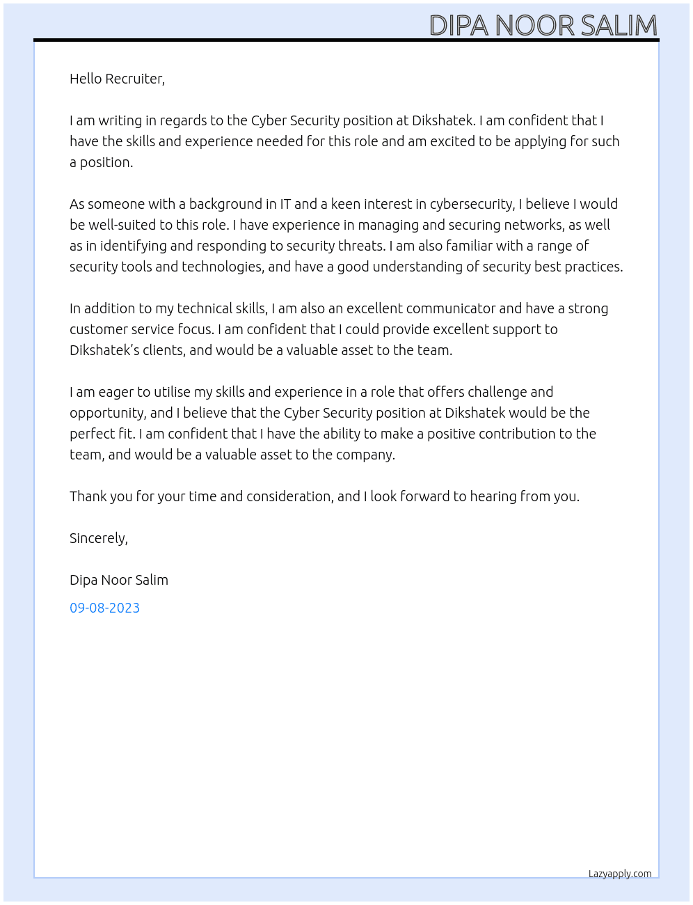 Cyber Security At Dikshatek Cover Letter