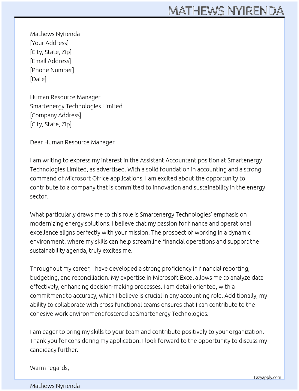 Assistant accountant At Smartenergy Technologies Limited Cover Letter