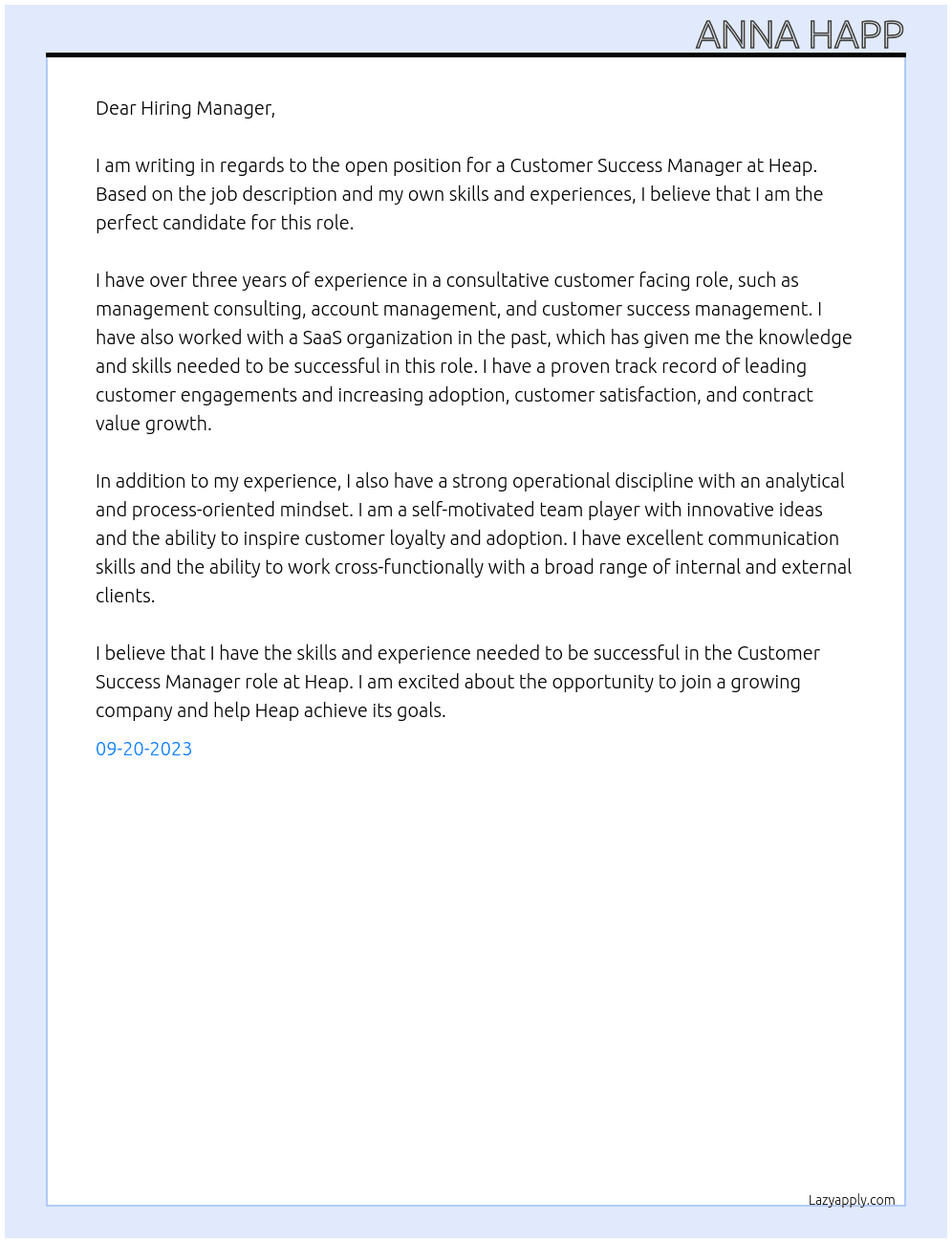 Customer Success Manager At Heap Cover Letter