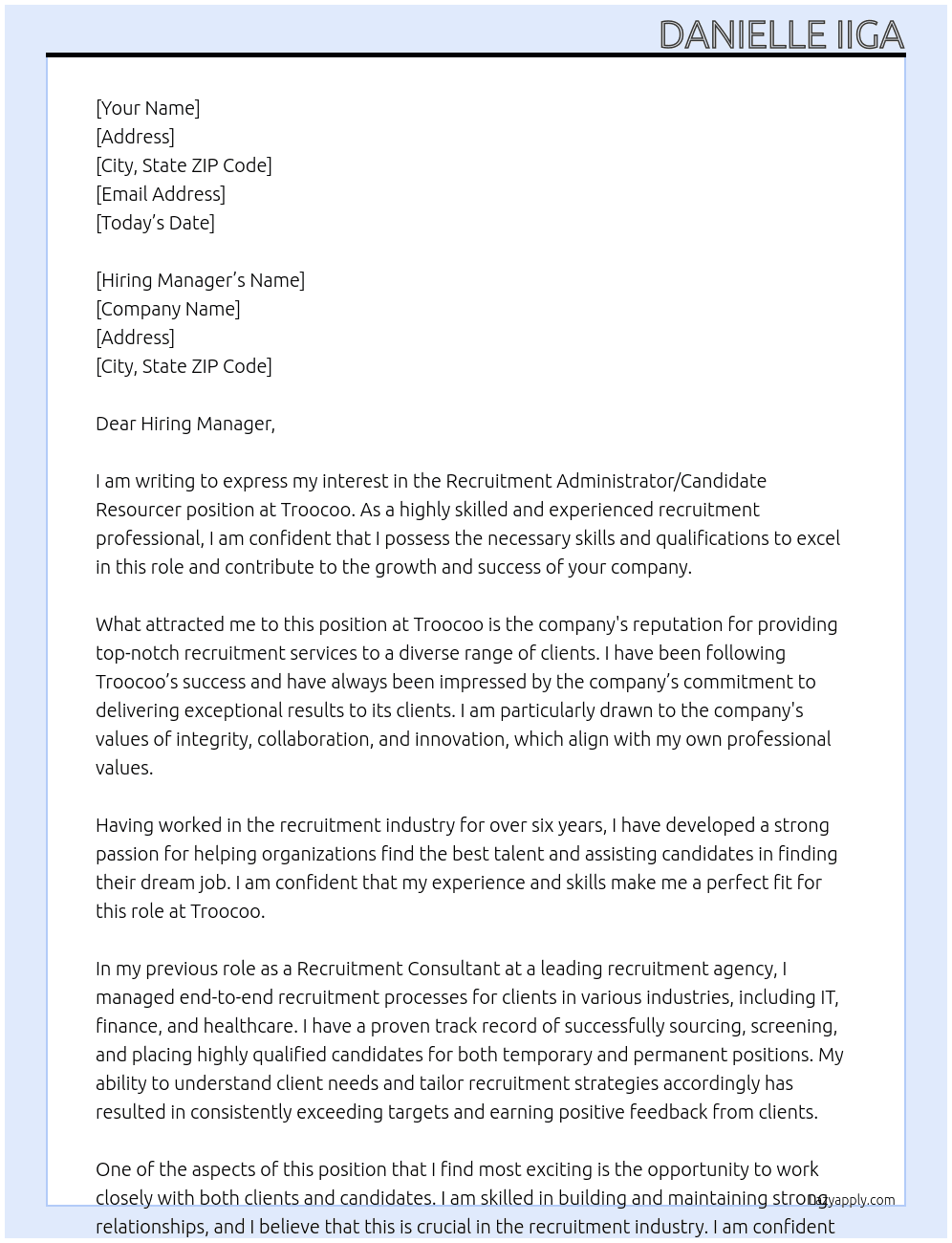 Recruitment Administrator / Candidate Resourcer At Troocoo Cover Letter