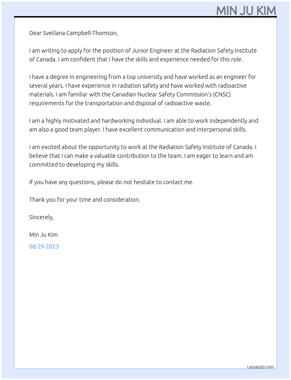 Junior Engineer At Radiation Safety Institute of Canada Cover Letter