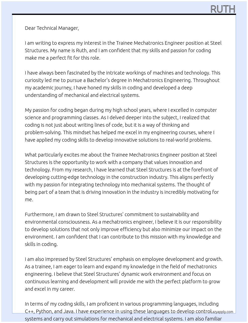Trainee mechatronics engineer At Steel structures Cover Letter