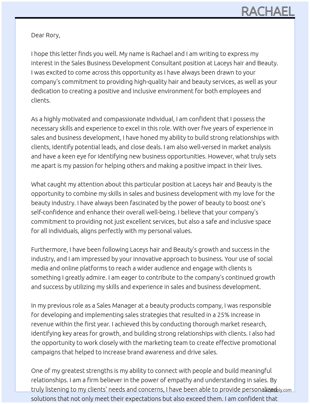 Sales Business Development Consultant At Laceys hair and Beauty Cover Letter