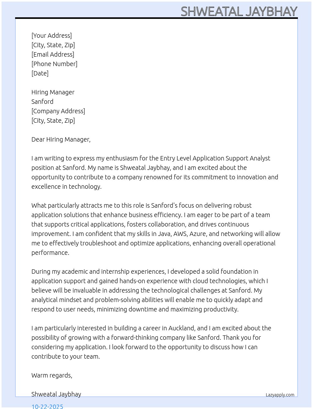 Application Support Analysts - Entry Level At Sanford Cover Letter