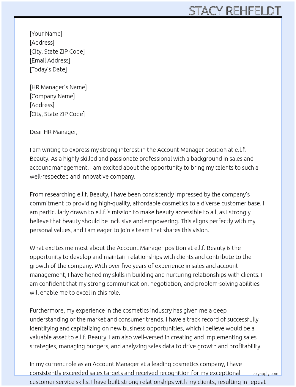 Account Manager At e.l.f. Beauty  Cover Letter