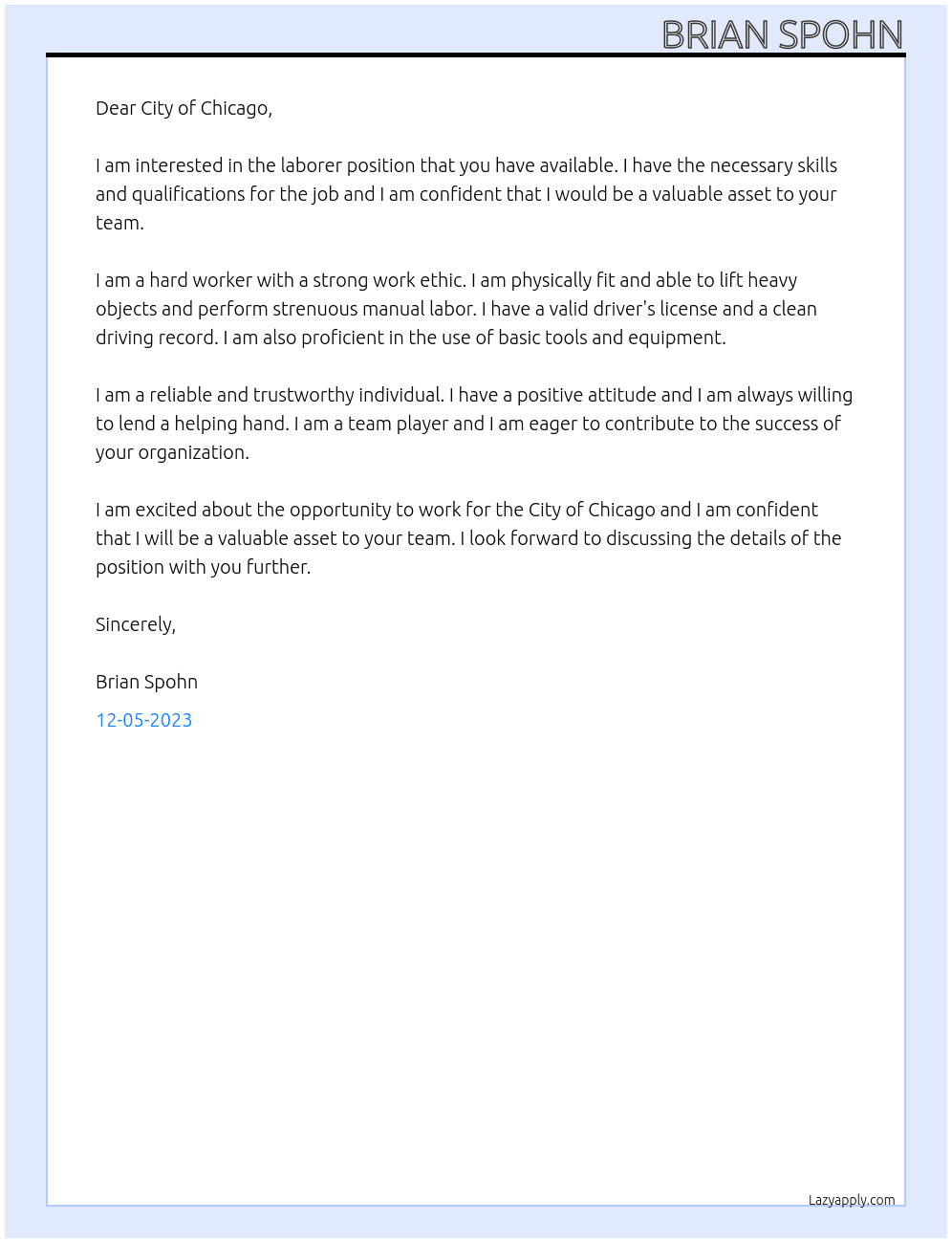 laborer At City of Chicago Cover Letter
