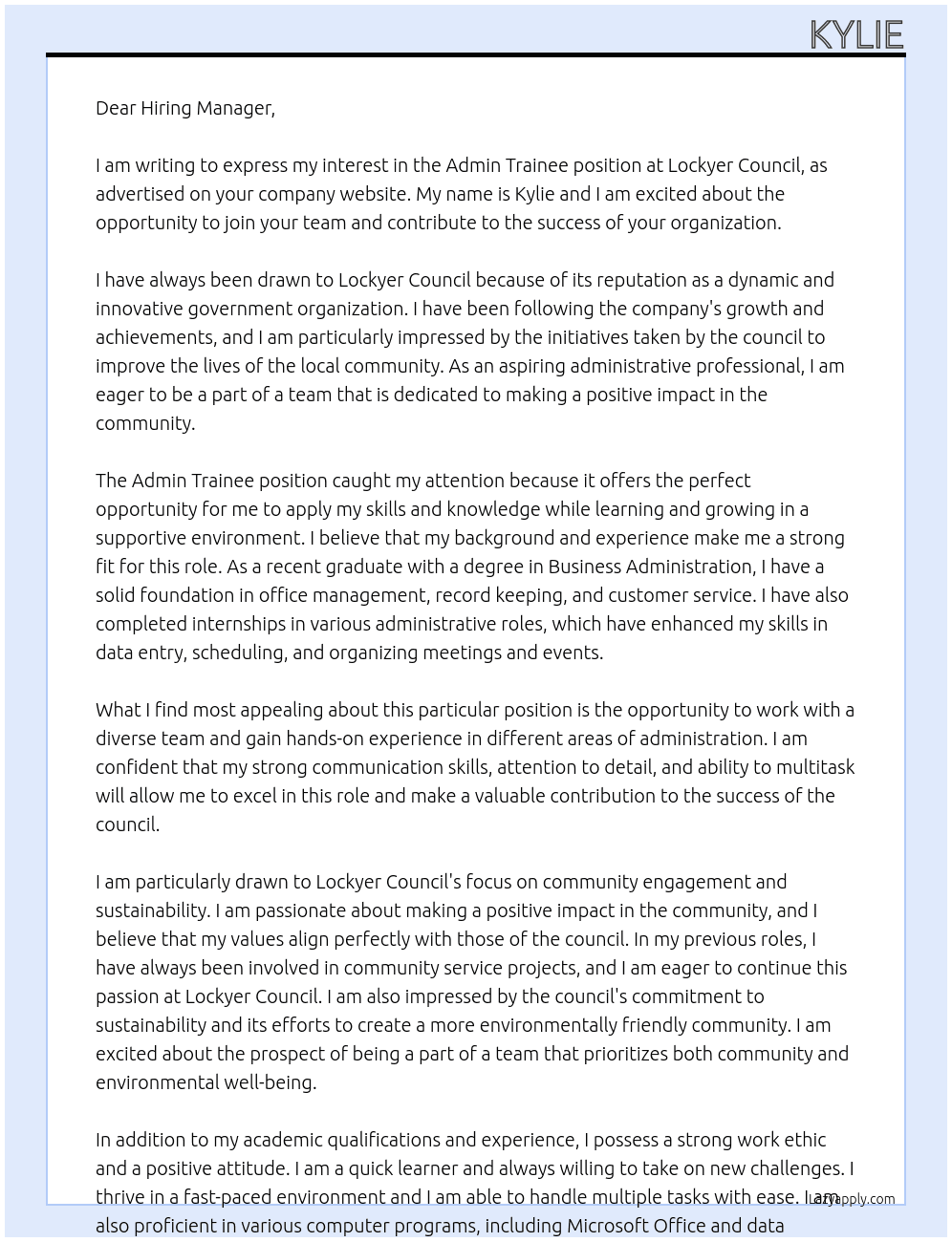 admin trainee At lockyer council Cover Letter