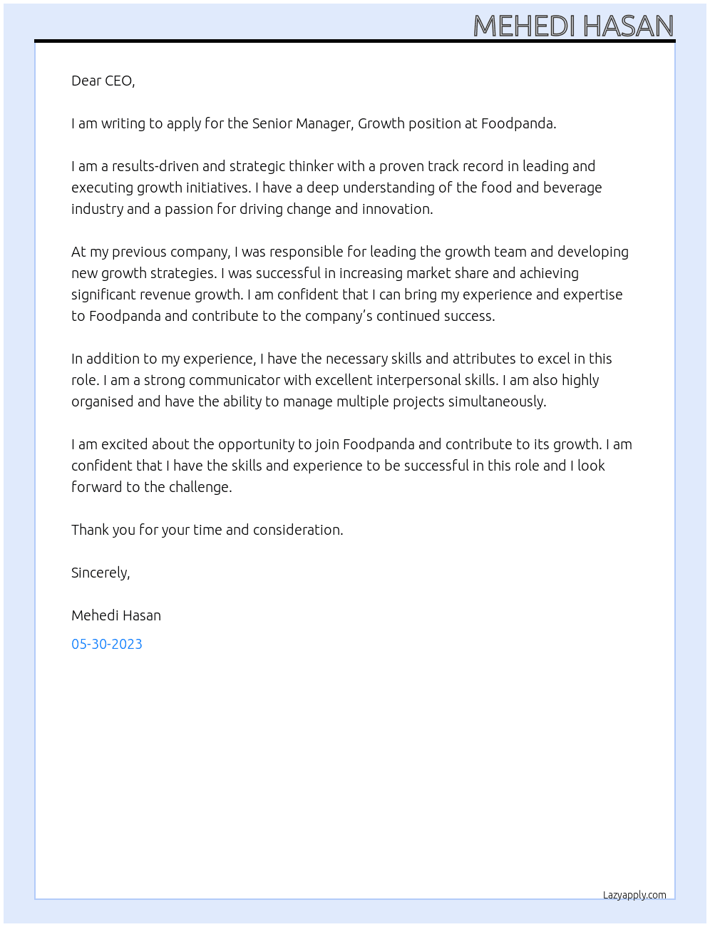 Senior manager, Growth  At Foodpsnda Cover Letter