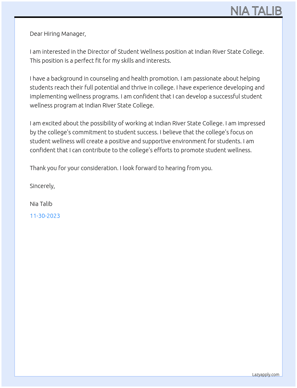 Director of Student Wellness At Indian River State College Cover Letter