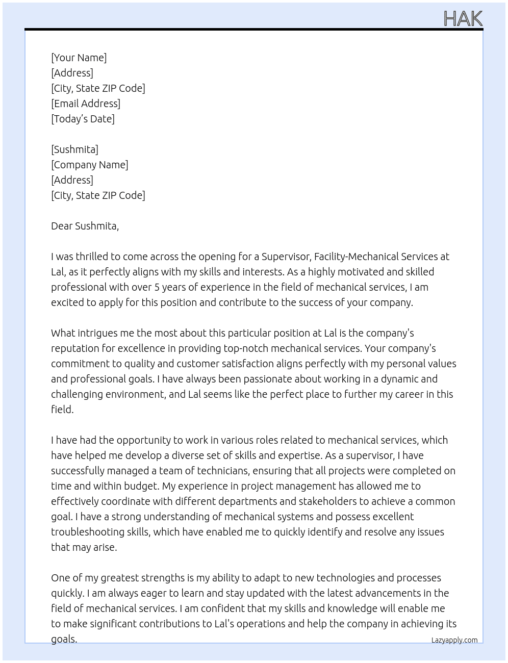 Supervisor, Facility-Mechanical Services At Lal Cover Letter