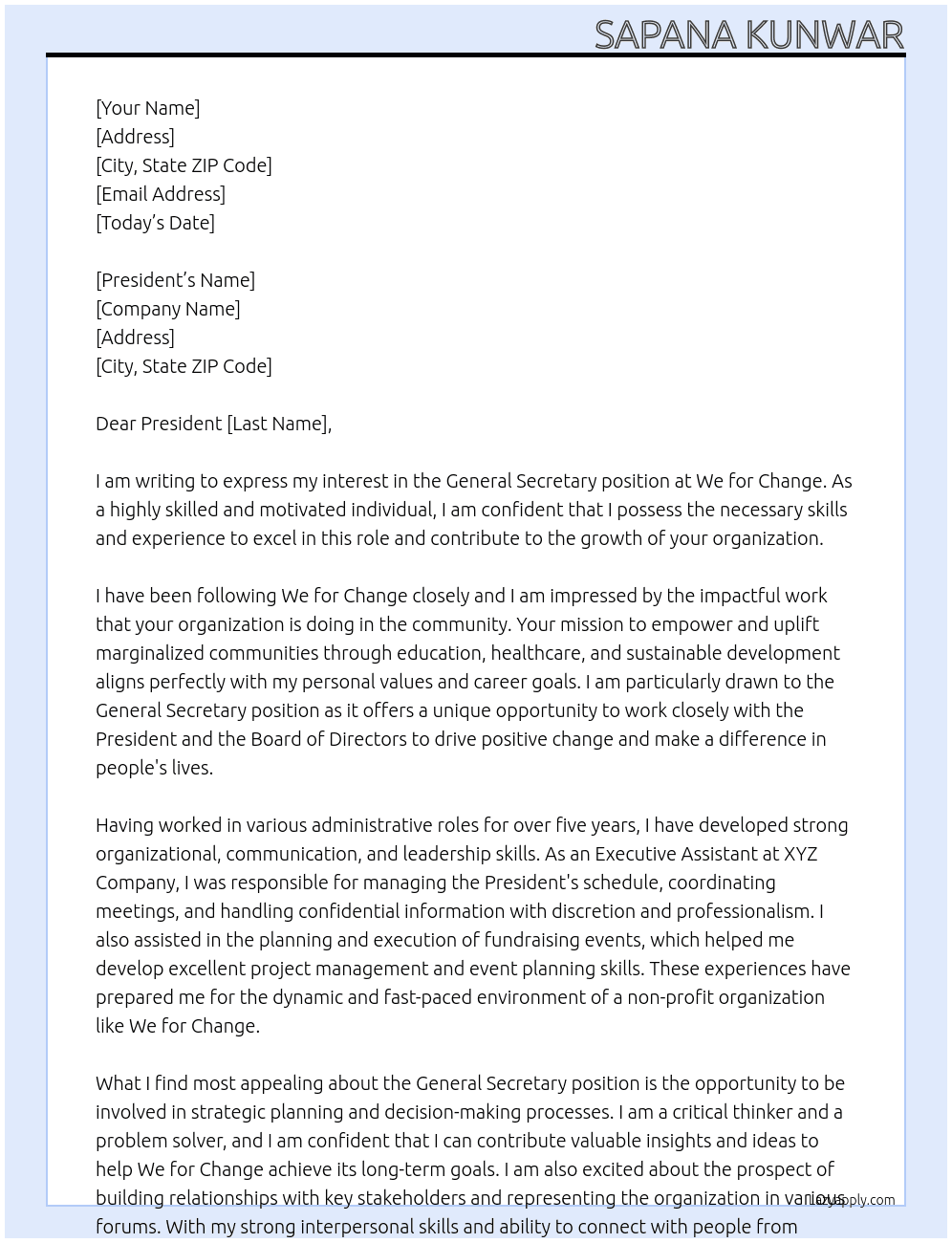General secretary  At We for change  Cover Letter