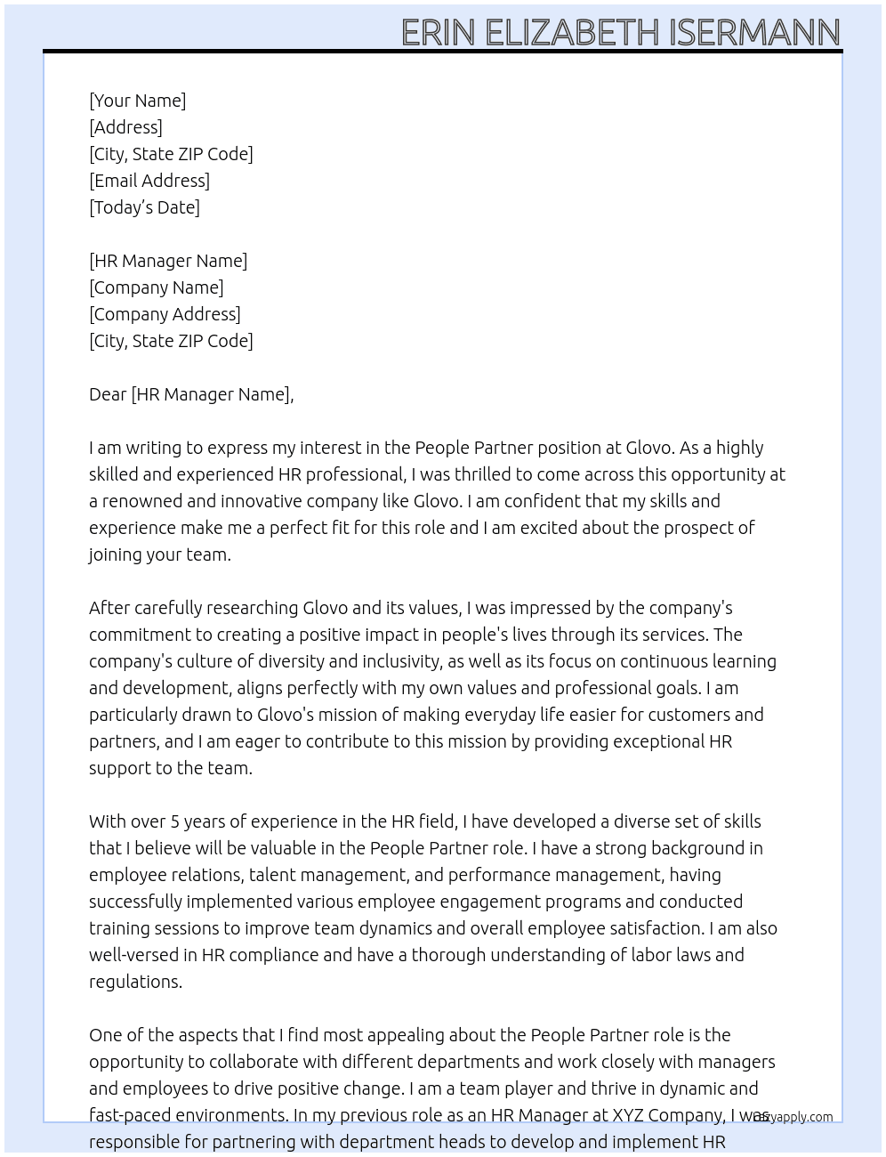 People Partner At Glovo Cover Letter