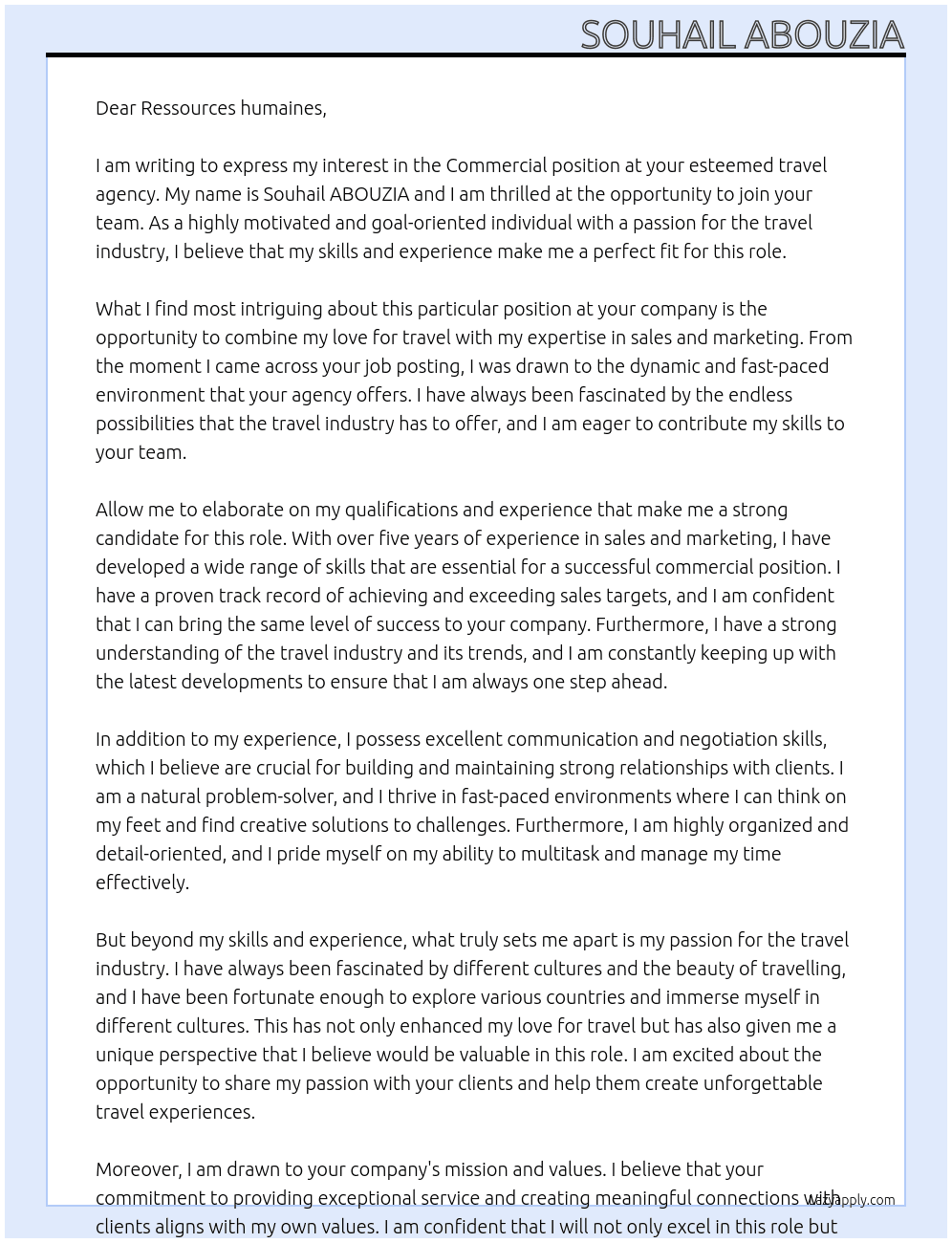 Commercial At Travel agency Cover Letter