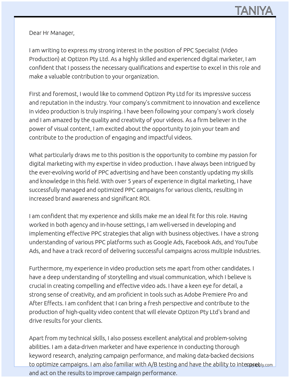 PPC Specialist (Video production) At Optizon Pty Ltd. Cover Letter
