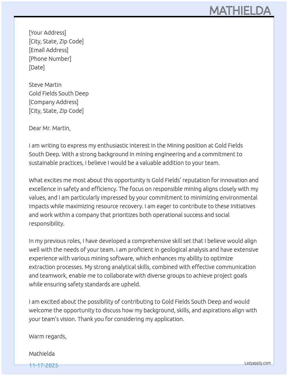 Mining  At Gold fields south deep Cover Letter