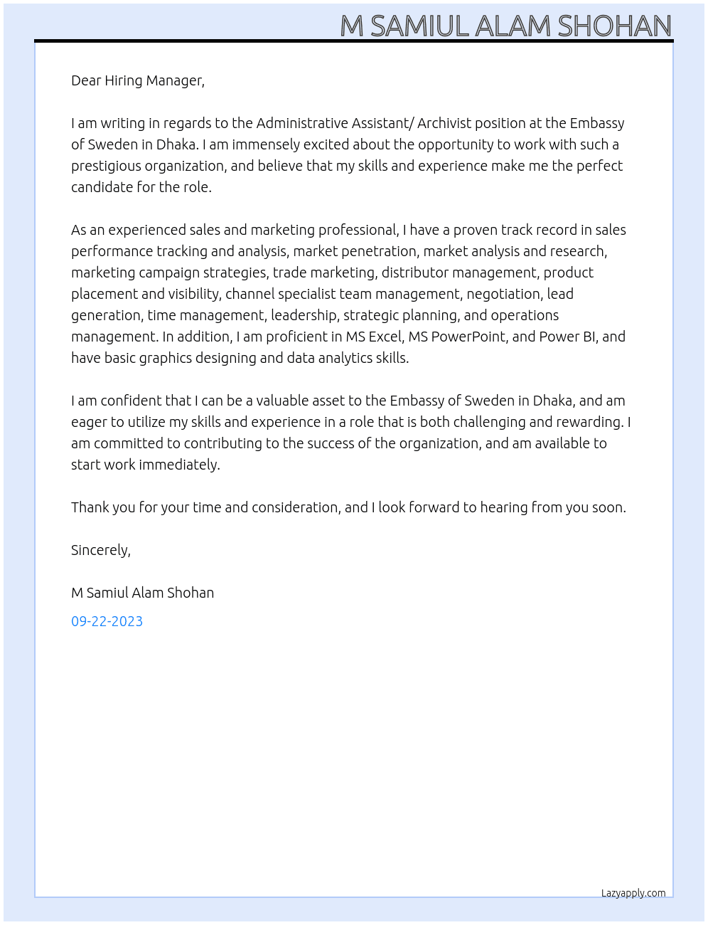 Administrative Assistant/ Archivist At Embassy of Sweden in Dhaka Cover Letter
