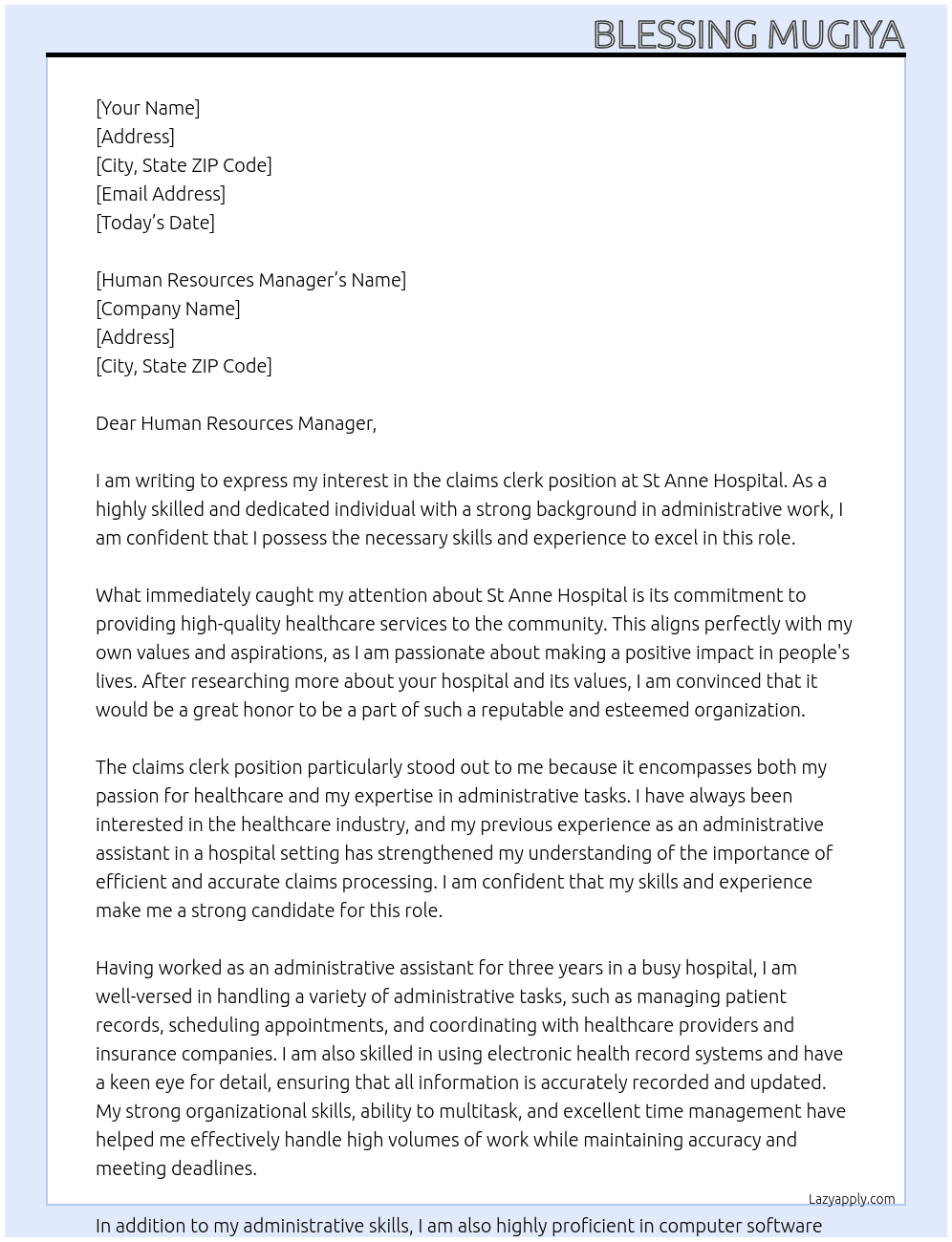 claims clerk At St Anne hospital Cover Letter