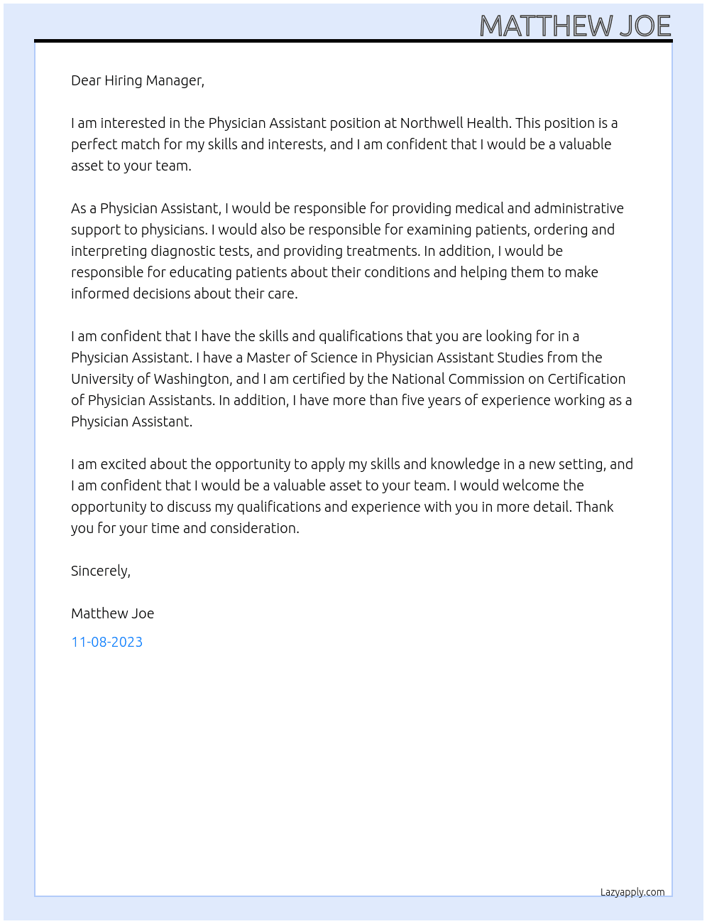 Physician Assistant  At Northwell Health Cover Letter