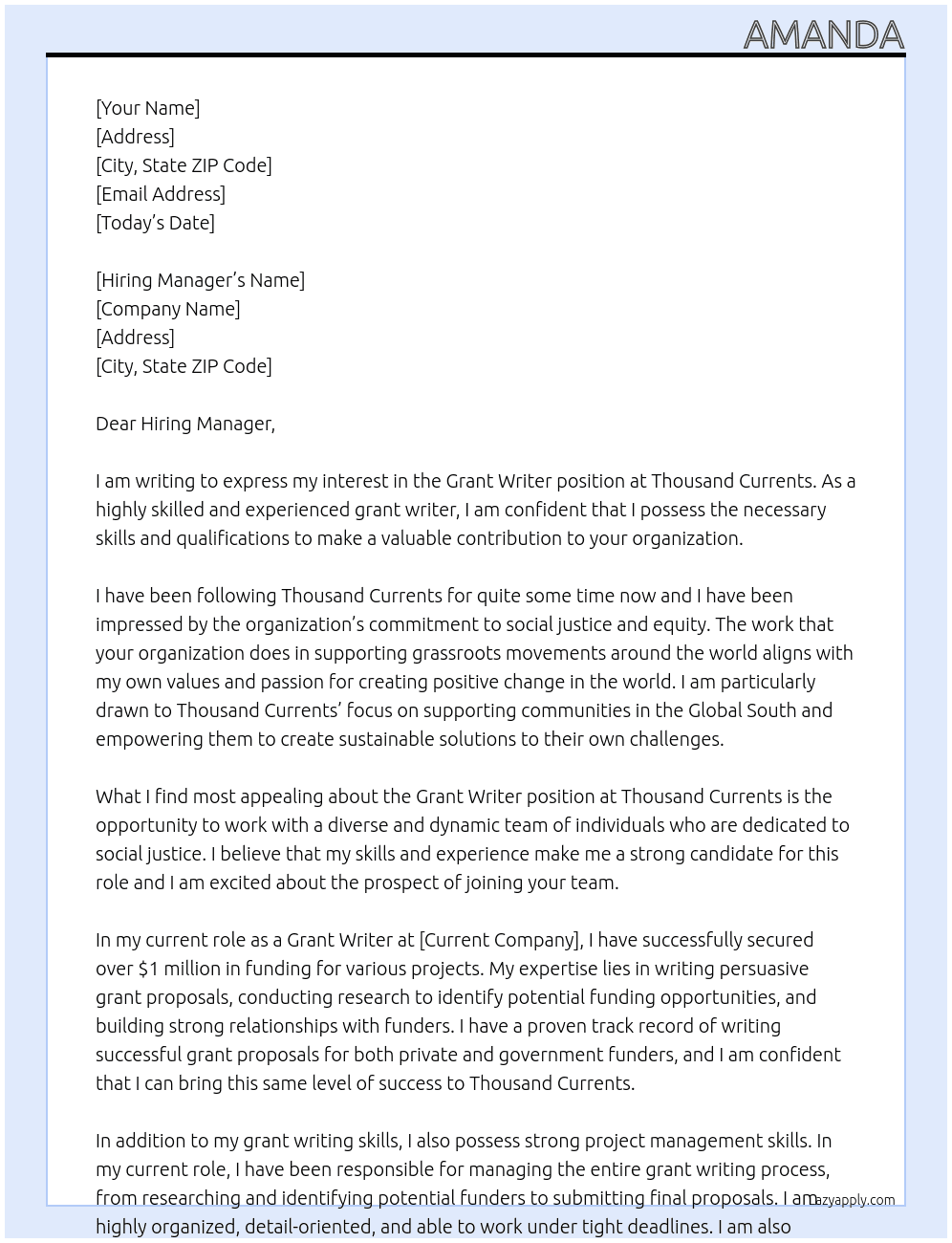 Grant Writer At Thousand Currents Cover Letter