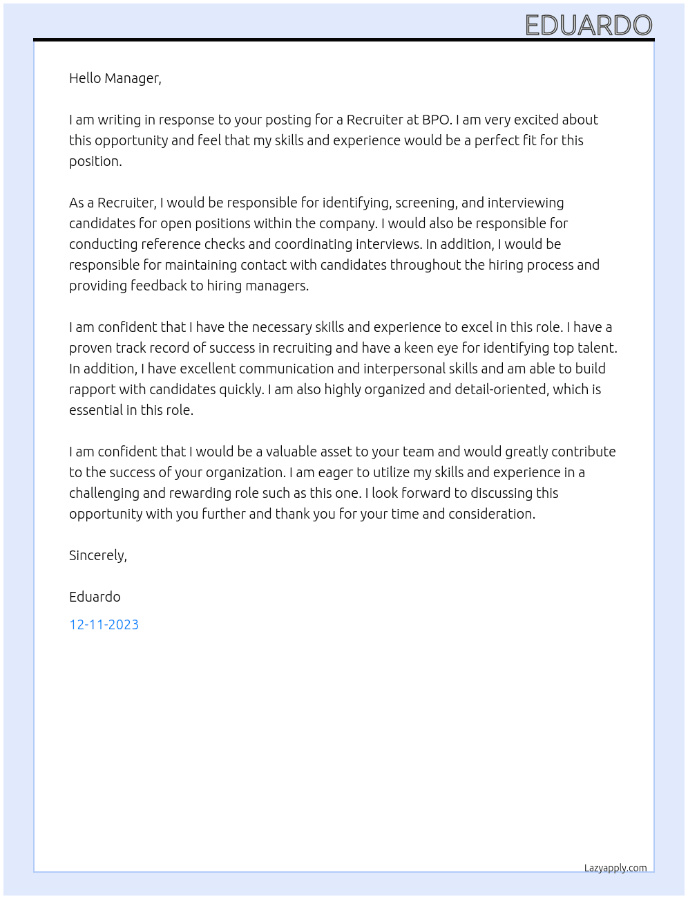 Recruiter At BPO Cover Letter