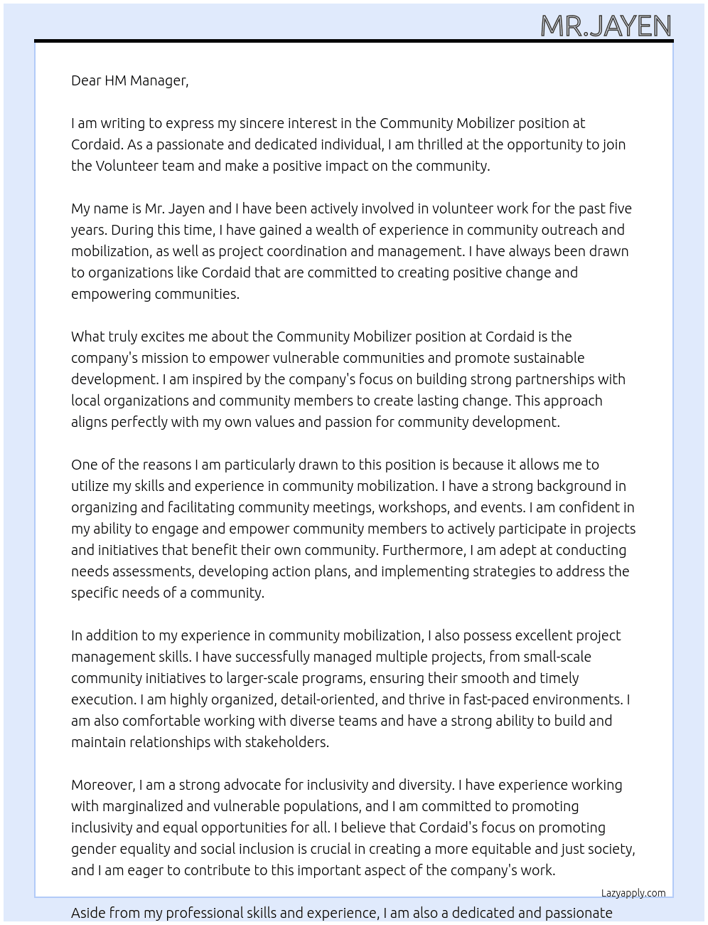 Community mobilizer At Volunteer  Cover Letter