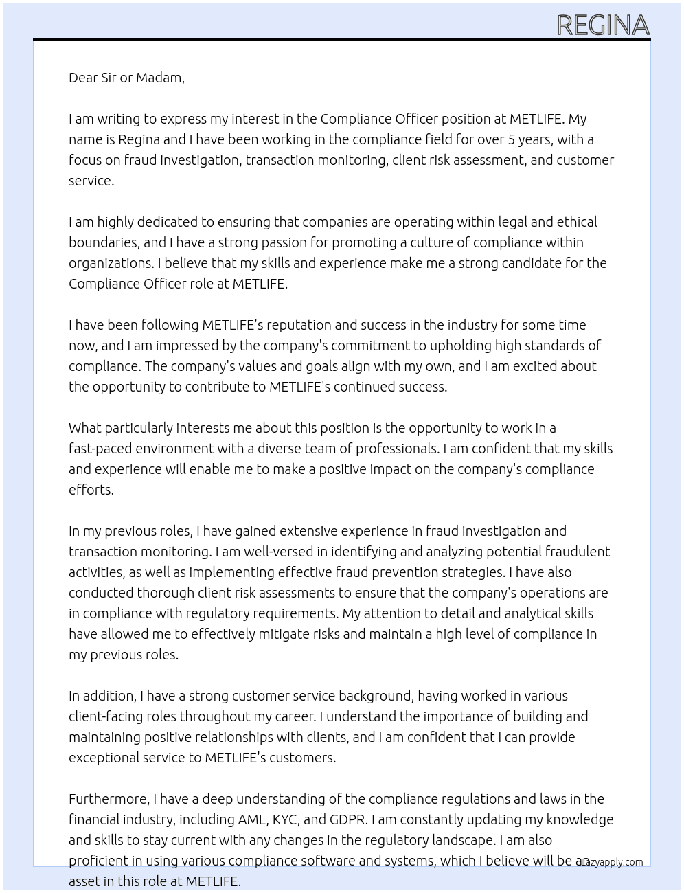 Compliance officer  At METLIFE Cover Letter