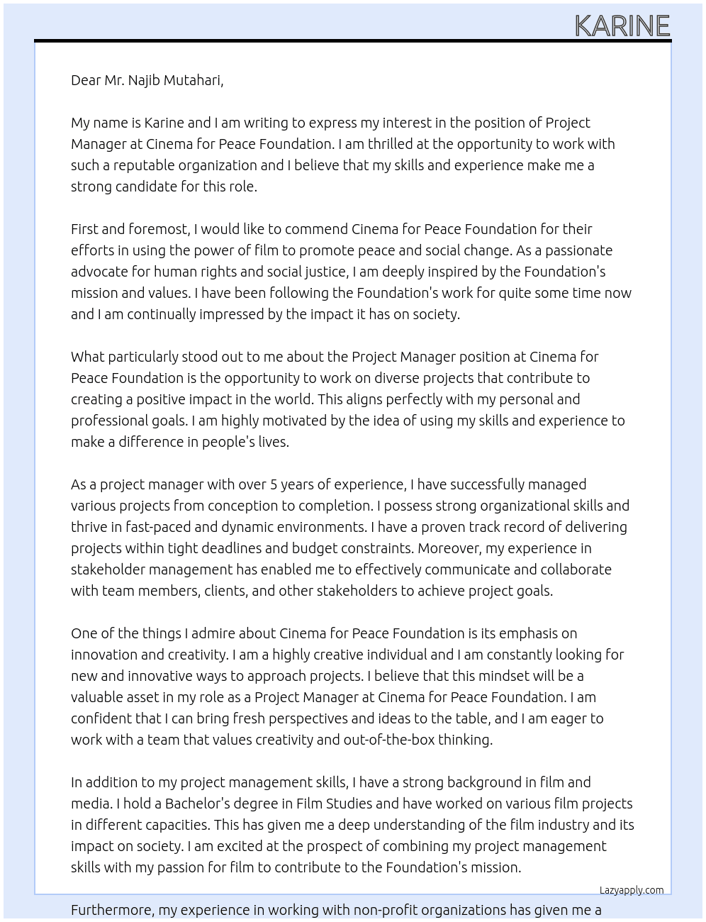Project Manager At Cinema for Peace Foundation Cover Letter