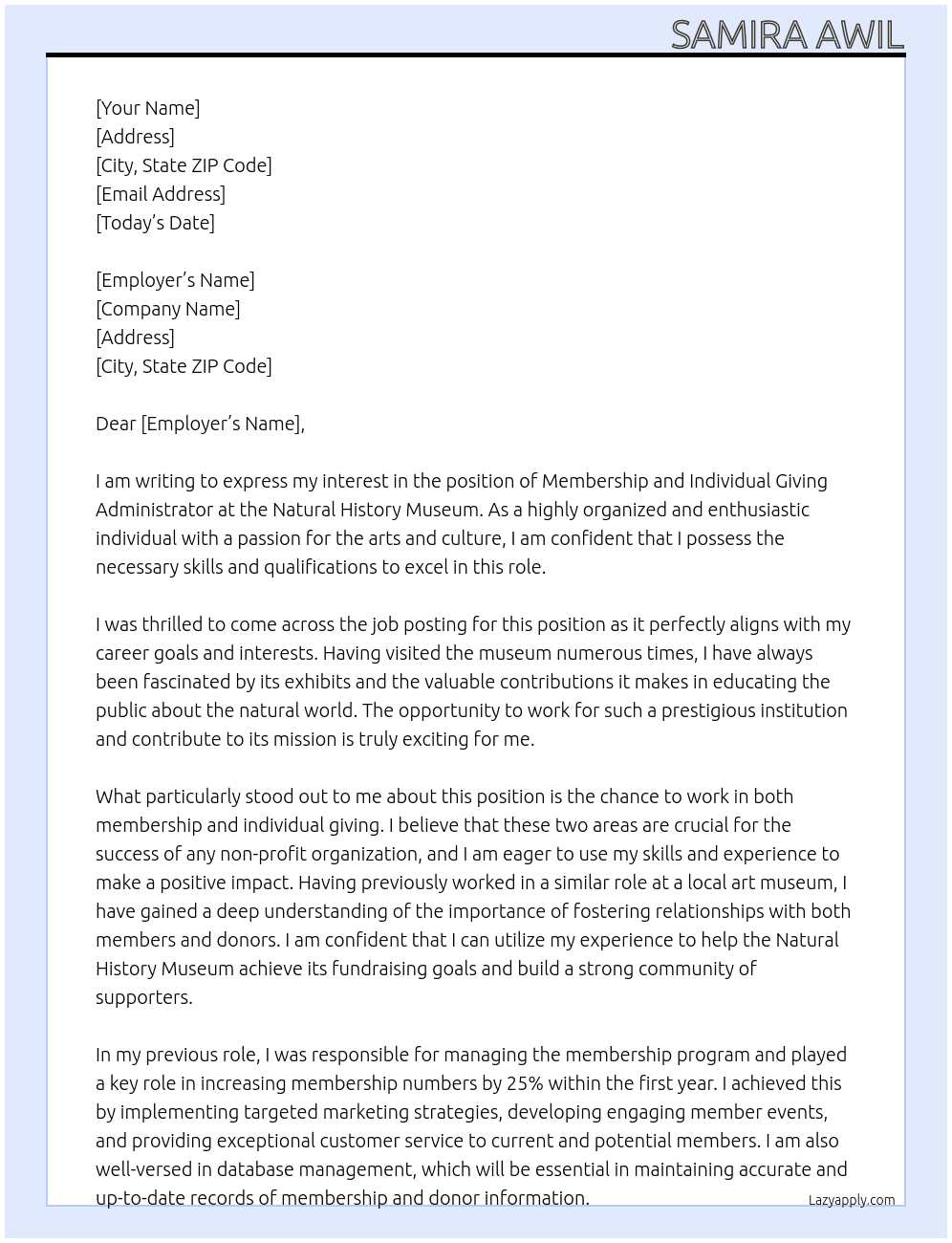 Membership and Individual Giving Administrator  At Natural history museum  Cover Letter