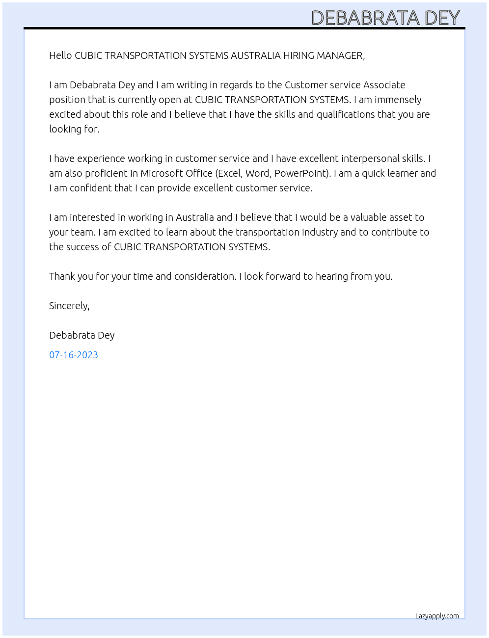 Customer service Associate  At CUBIC TRANSPORTATION SYSTEMS  Cover Letter