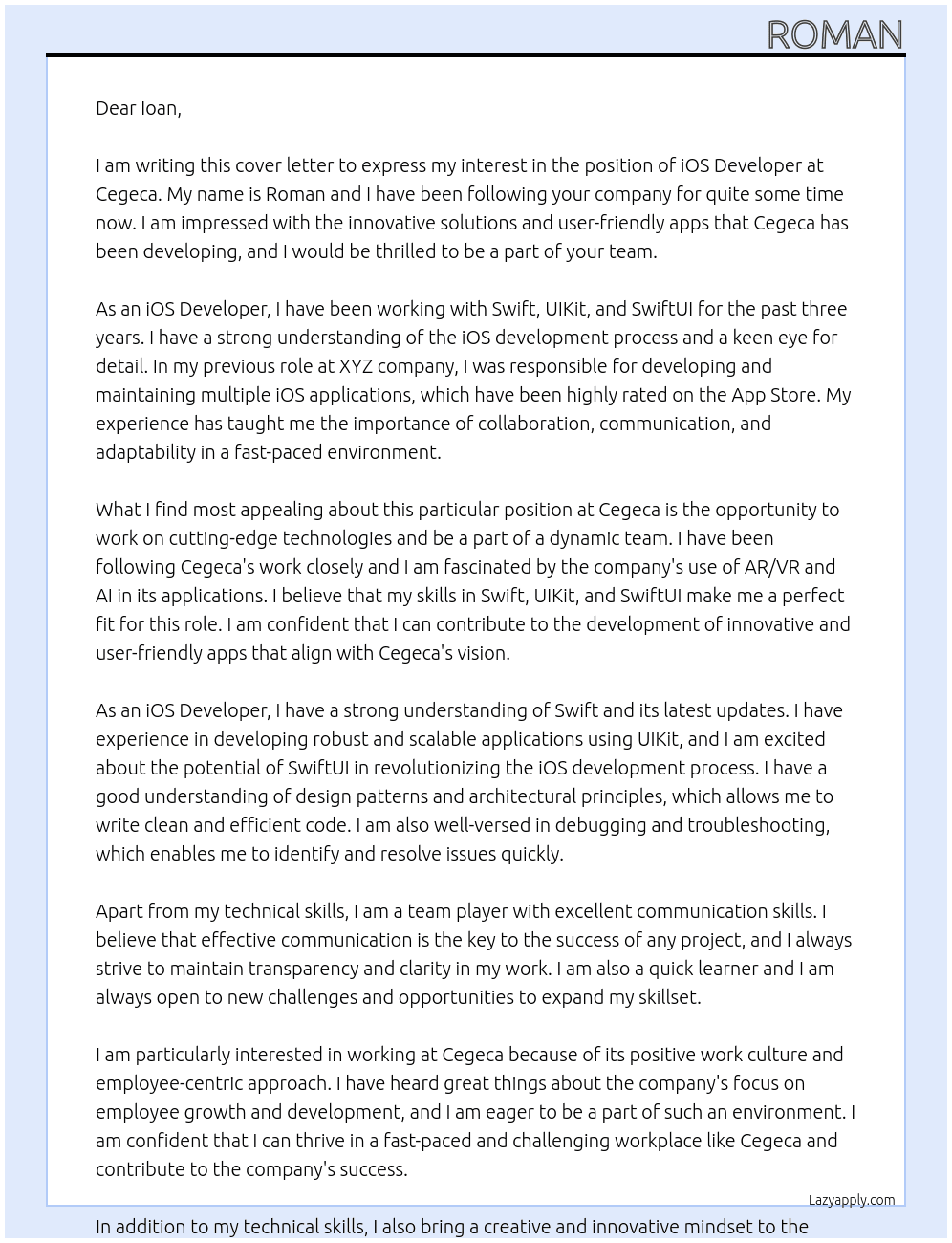 iOS Developer At Cegeca Cover Letter