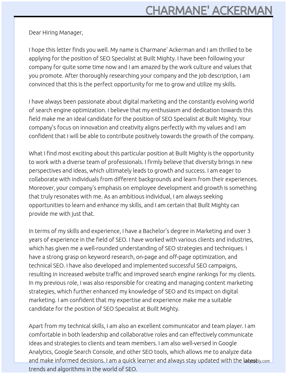 SEO Specialist At Built Mighty Cover Letter