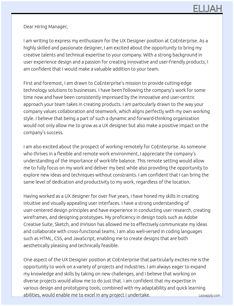 ux designer At CoEnterprise Cover Letter