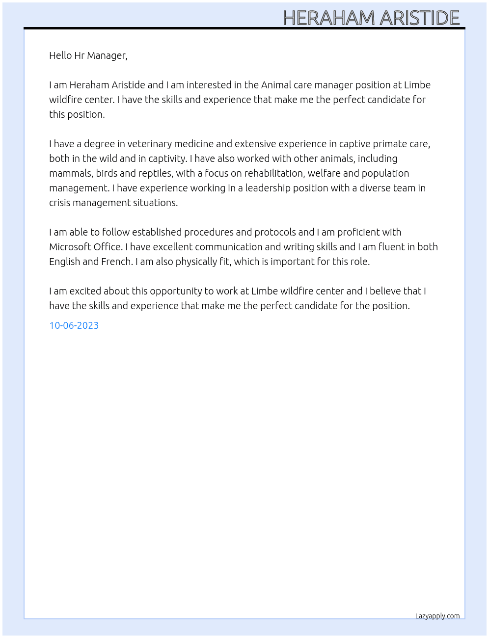 Animal care manager  At Limbe wildfire center  Cover Letter