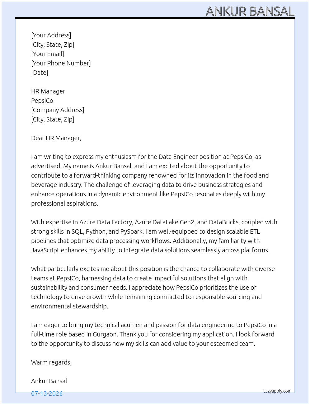 Data Engineer At PepsiCo Cover Letter