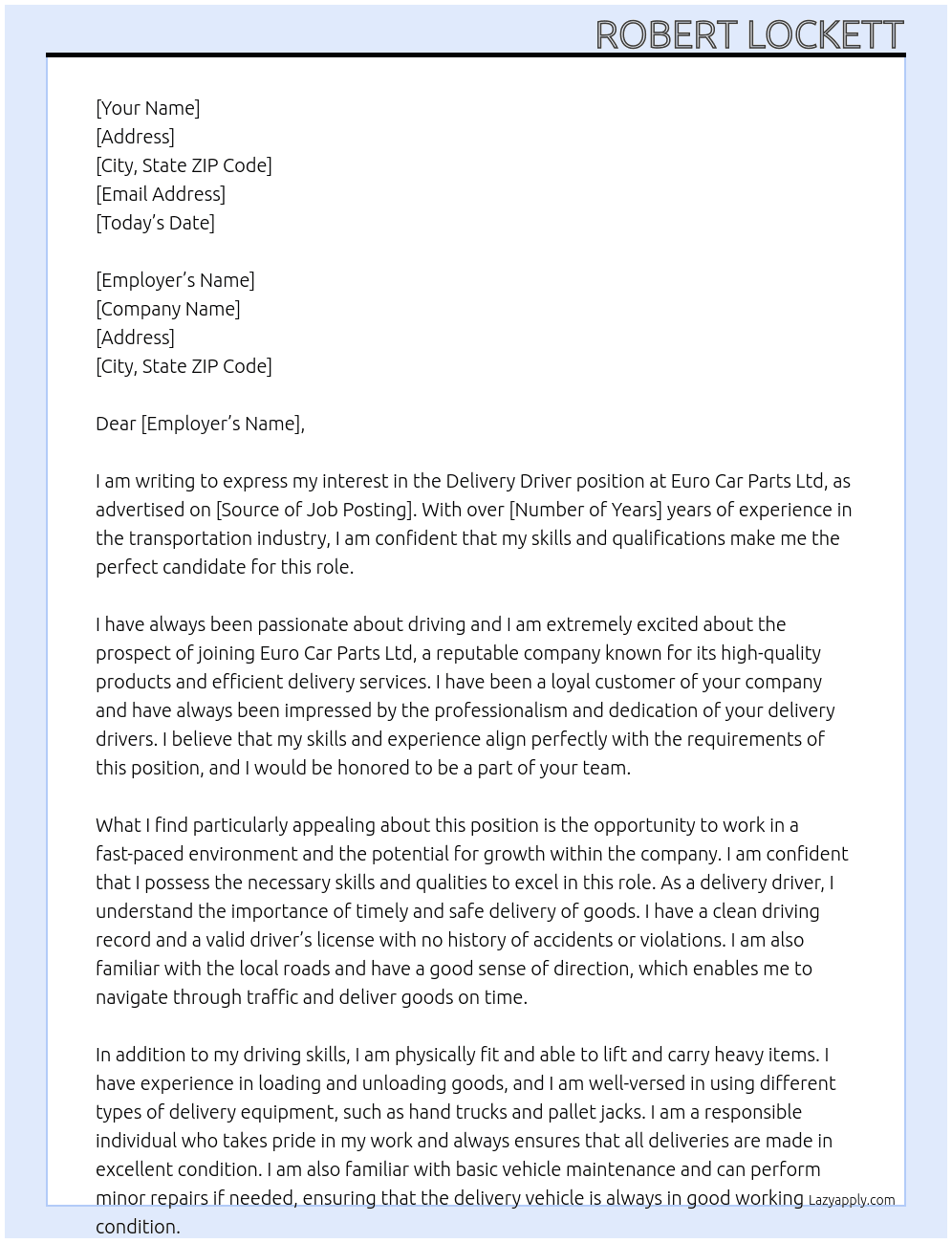 Delivery driver At Euro Car Parts Ltd  Cover Letter