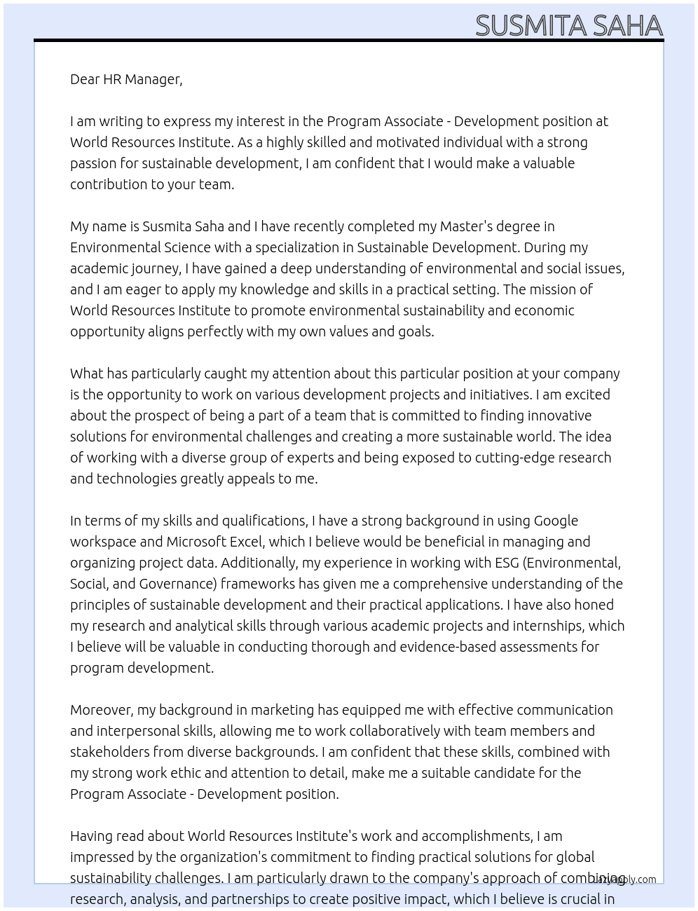 Program Associate - Development At World Resources Institute Cover Letter