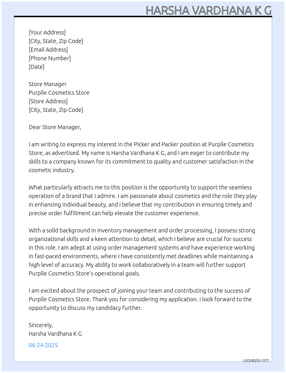 Picker and Packer At Purplle Cosmetics store Cover Letter