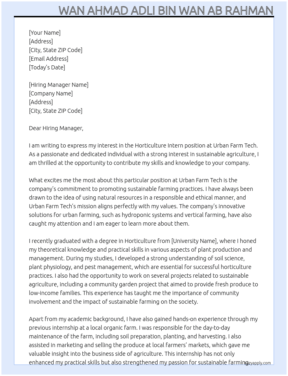 Horticulture Intern At Urban Farm Tech Cover Letter