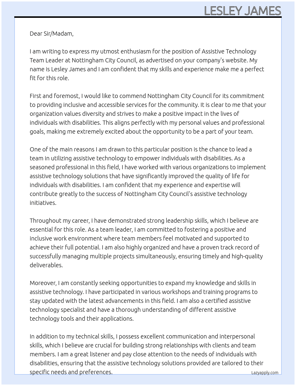 Assistive Technology Team Leader  At Nottingham City Council  Cover Letter