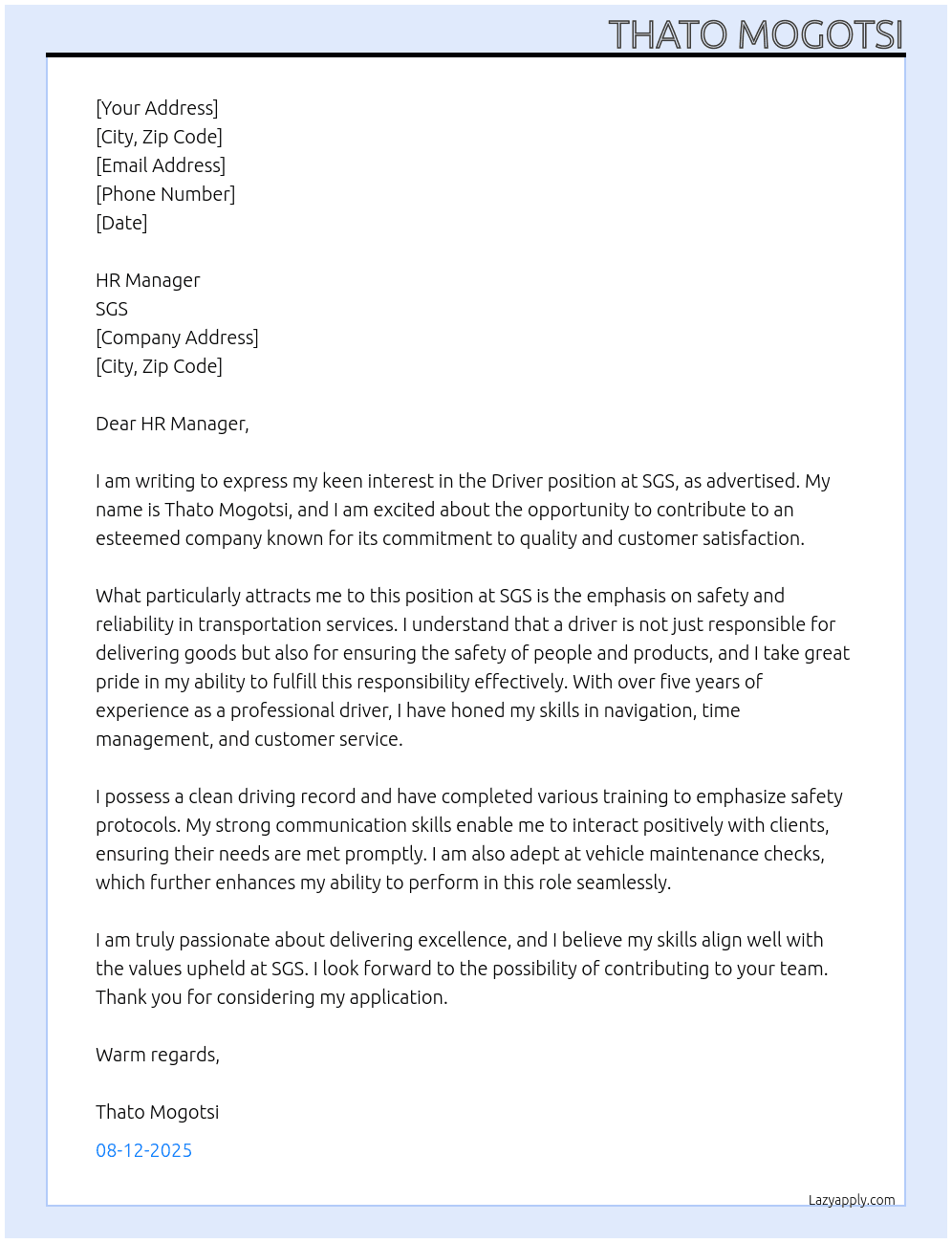 Driver At SGS Cover Letter