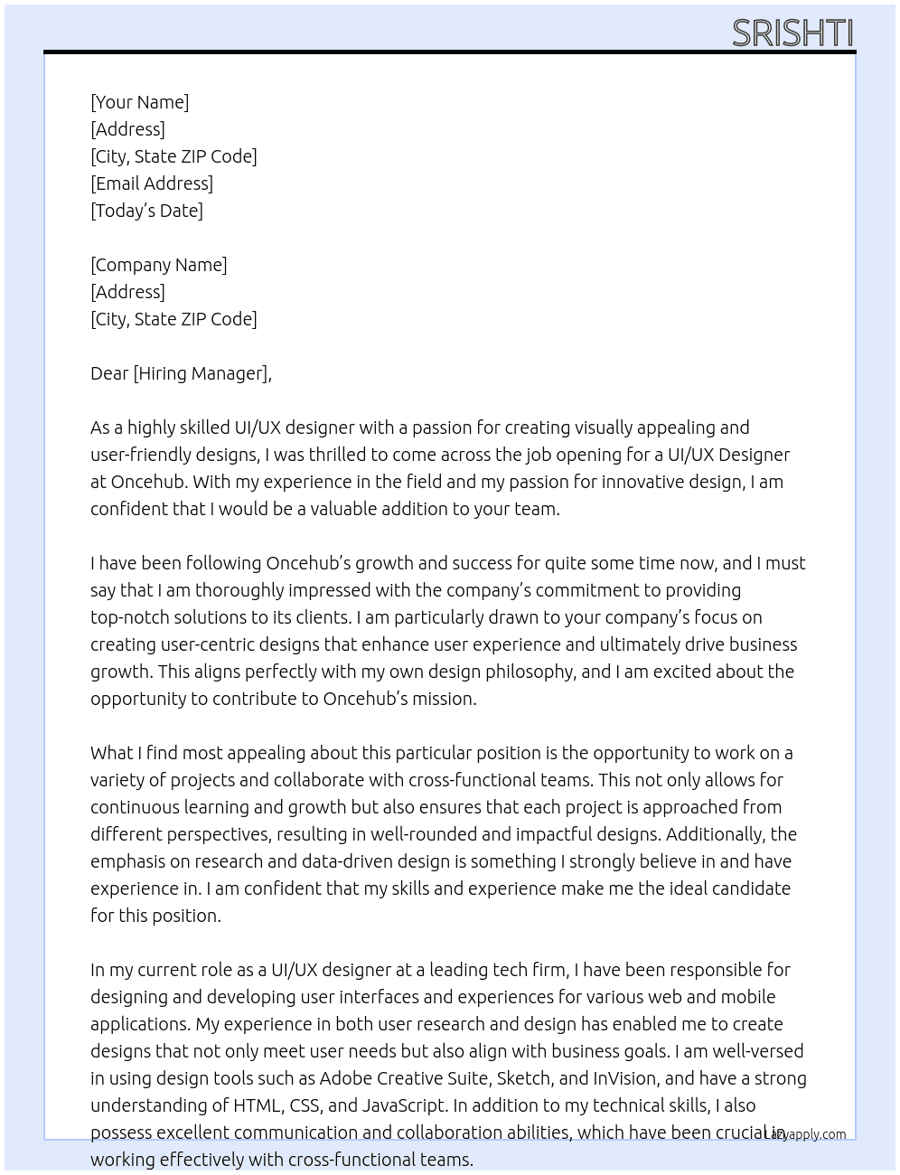UI UX Designer At Oncehub Cover Letter