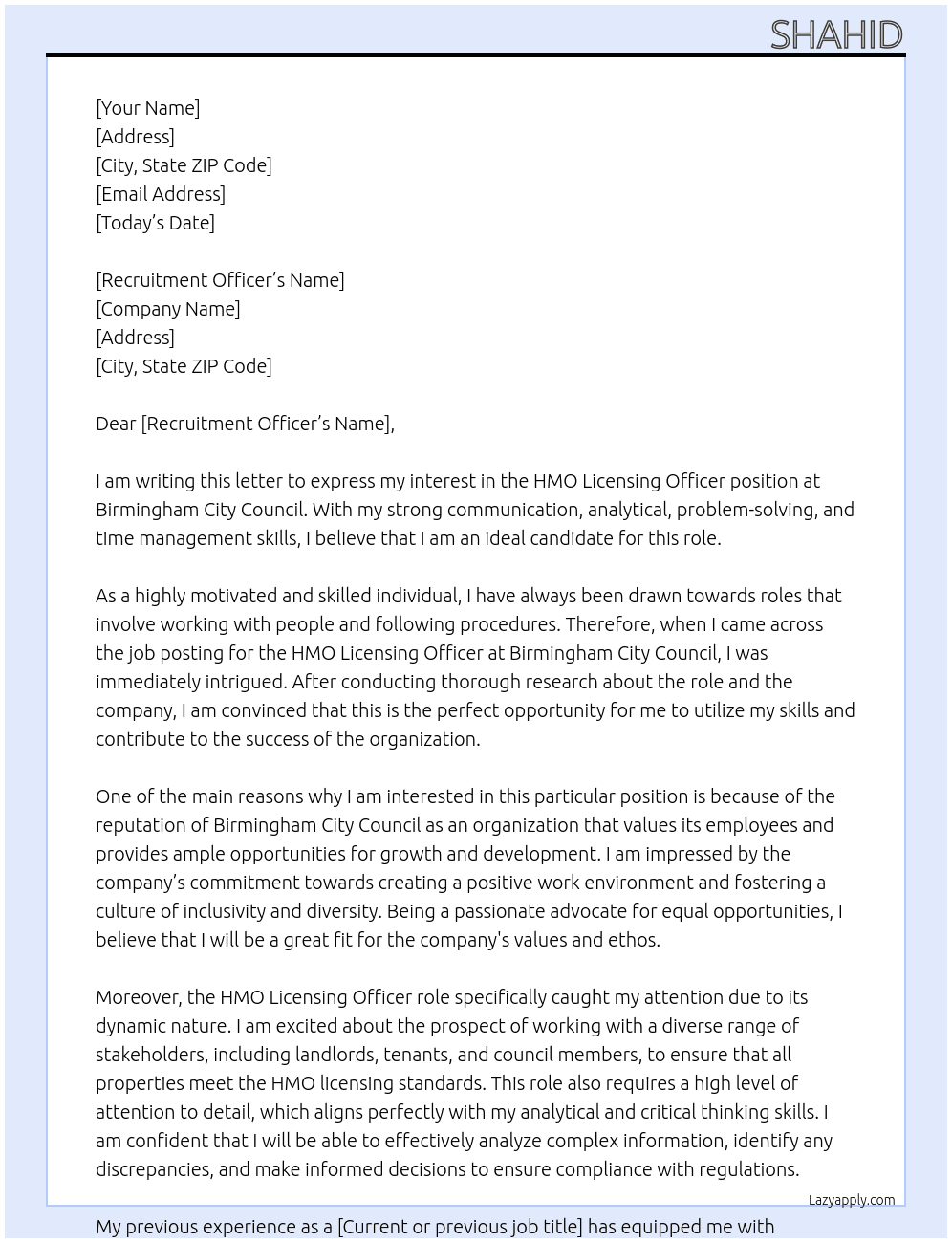 HMO Licensing officer At Birmingham city council Cover Letter