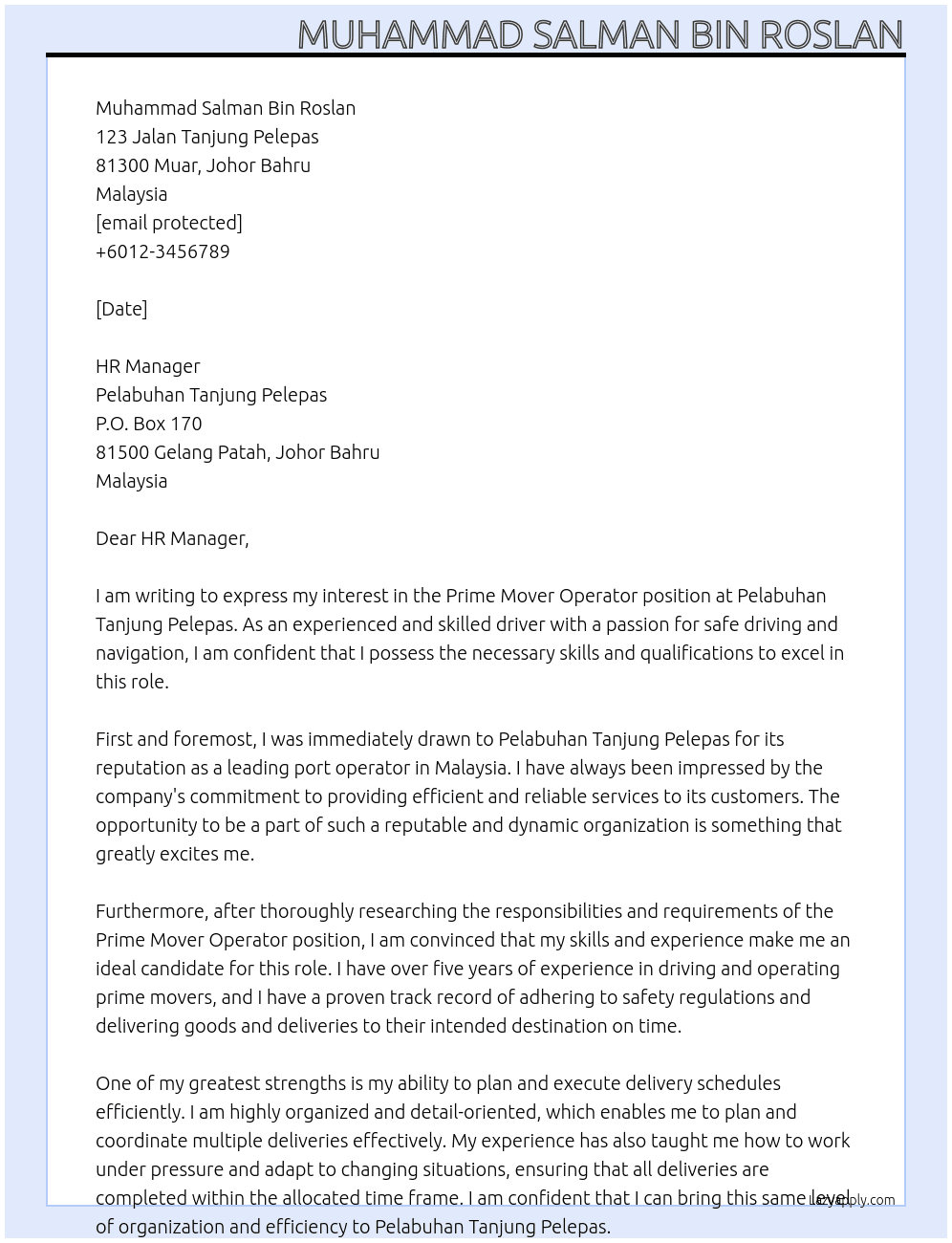 Prime Mover Operator  At Pelabuhan Tanjung pelepas Cover Letter
