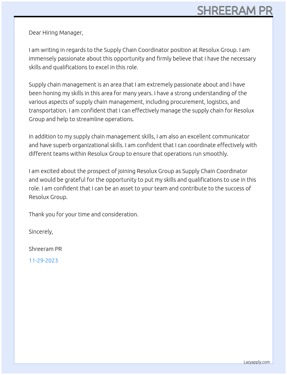 Supply chain coordinator  At Resolux group  Cover Letter