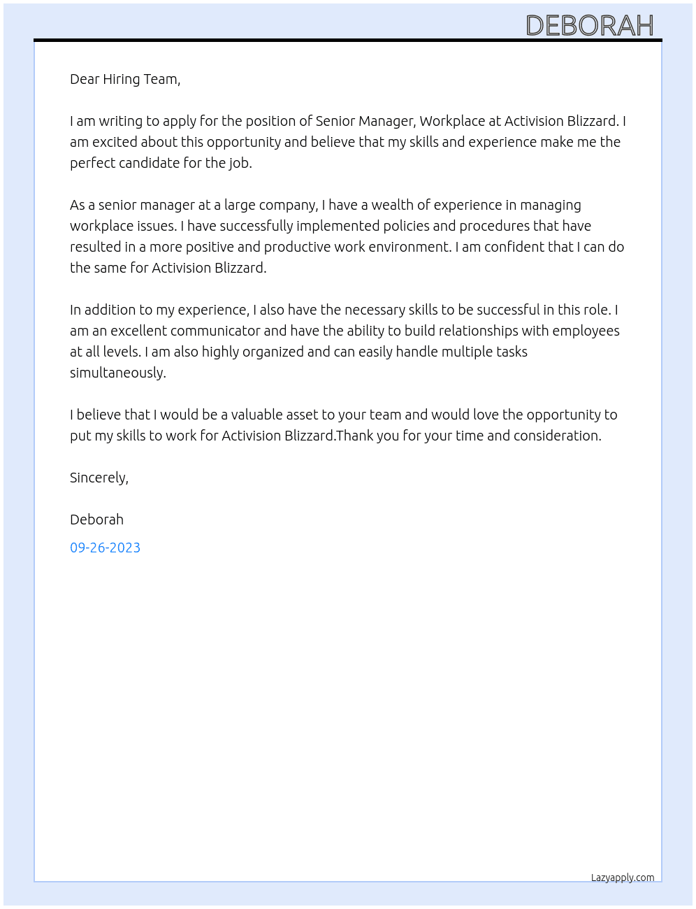 Senior Manager, Workplace At Activision Blizzard Cover Letter