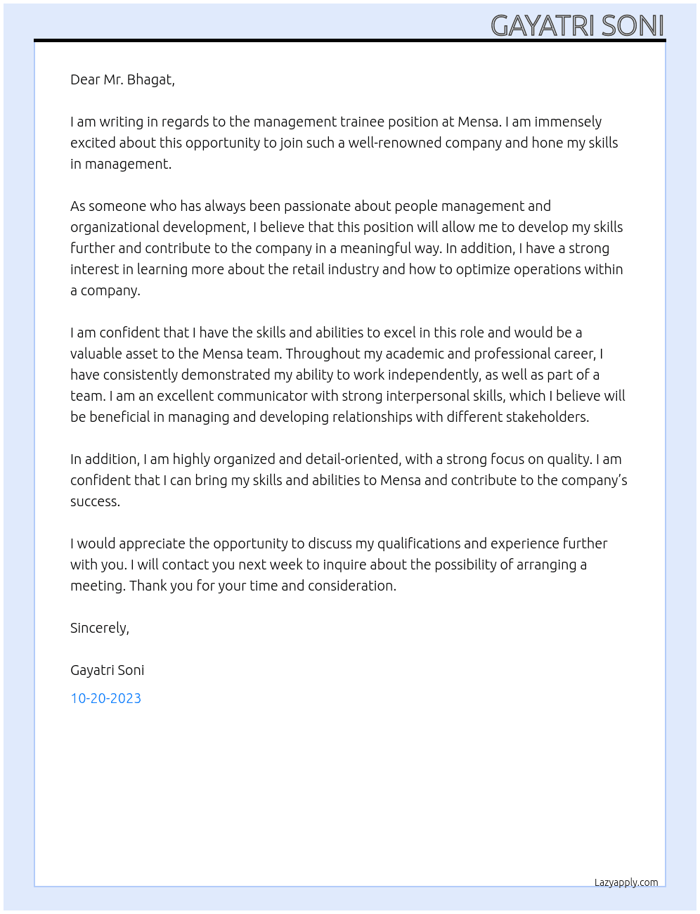 Management trainee  At Mensa Cover Letter