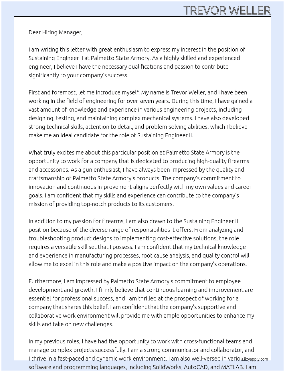 Sustaining Engineer II At Palmetto State Armory Cover Letter