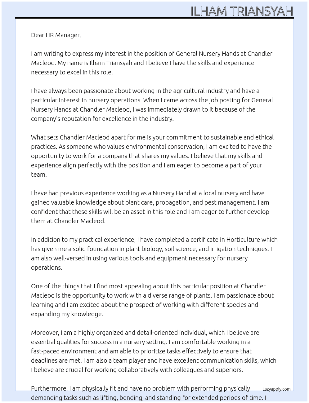 General Nursery Hands At Chandler Macleod Cover Letter