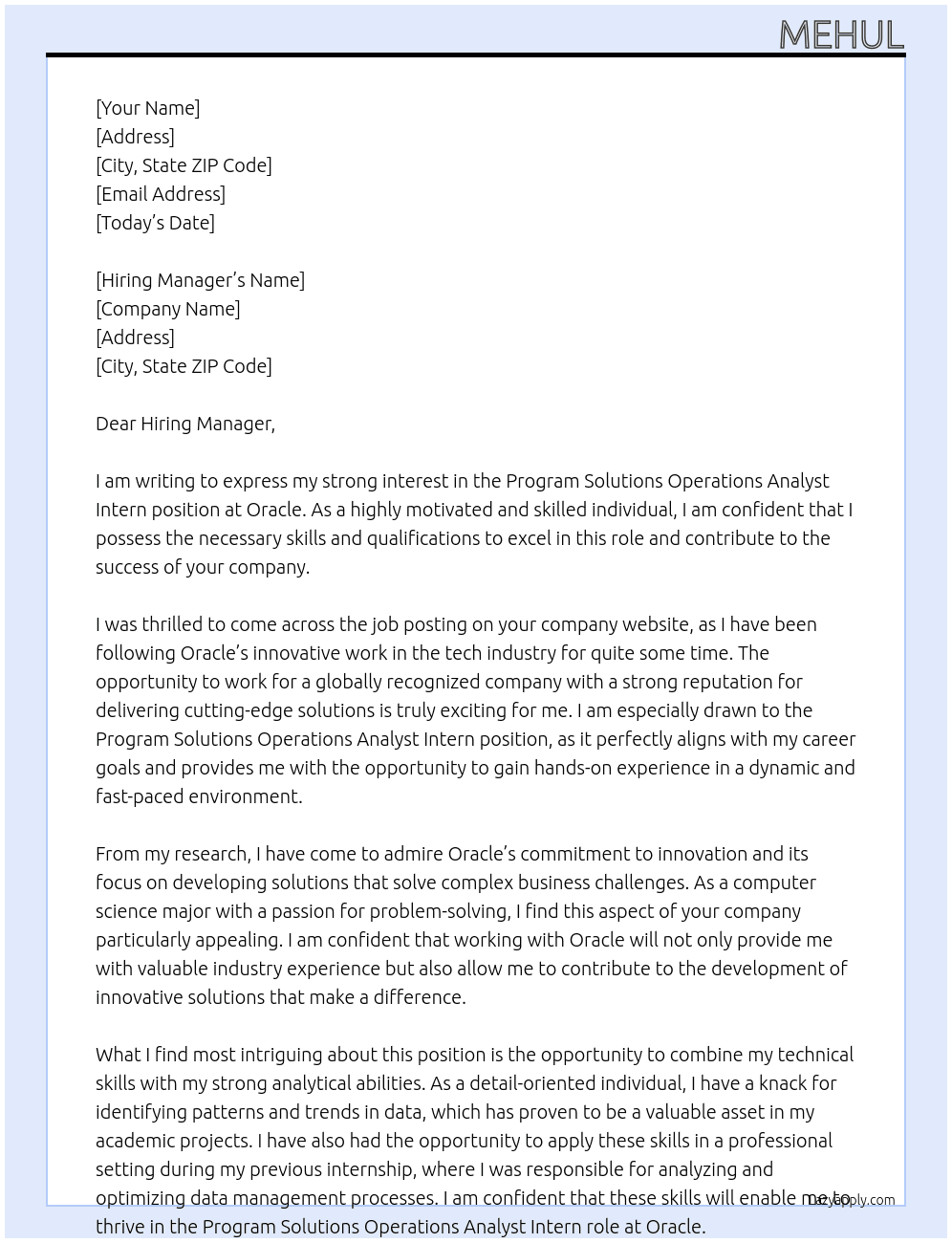 Cover letter for program solutions operations analyst intern - LazyApply