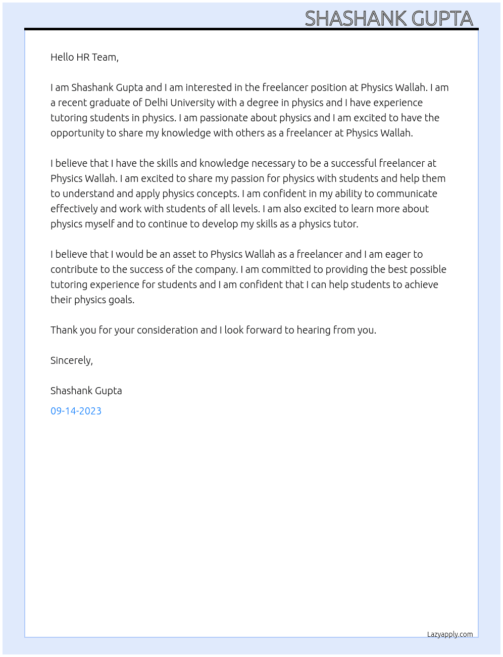 Freelancer  At Physics wallah Cover Letter